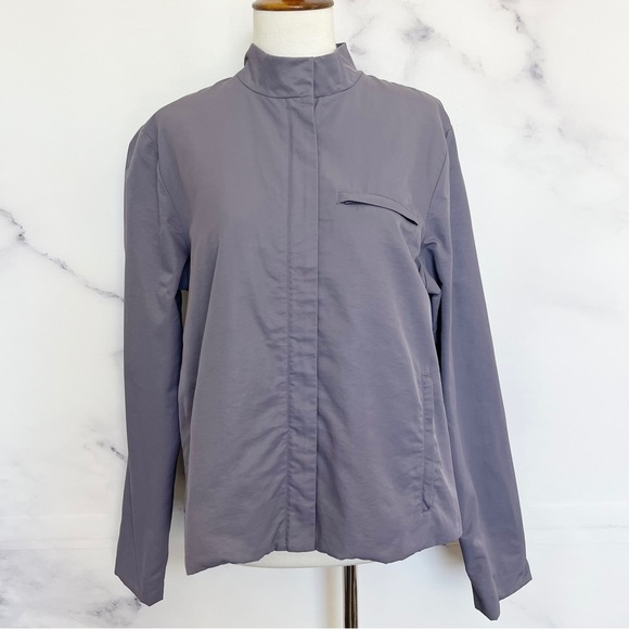 Eileen Fisher Cotton Blend Purple Banded Collar Zip Tech Jacket - Picture 1 of 11